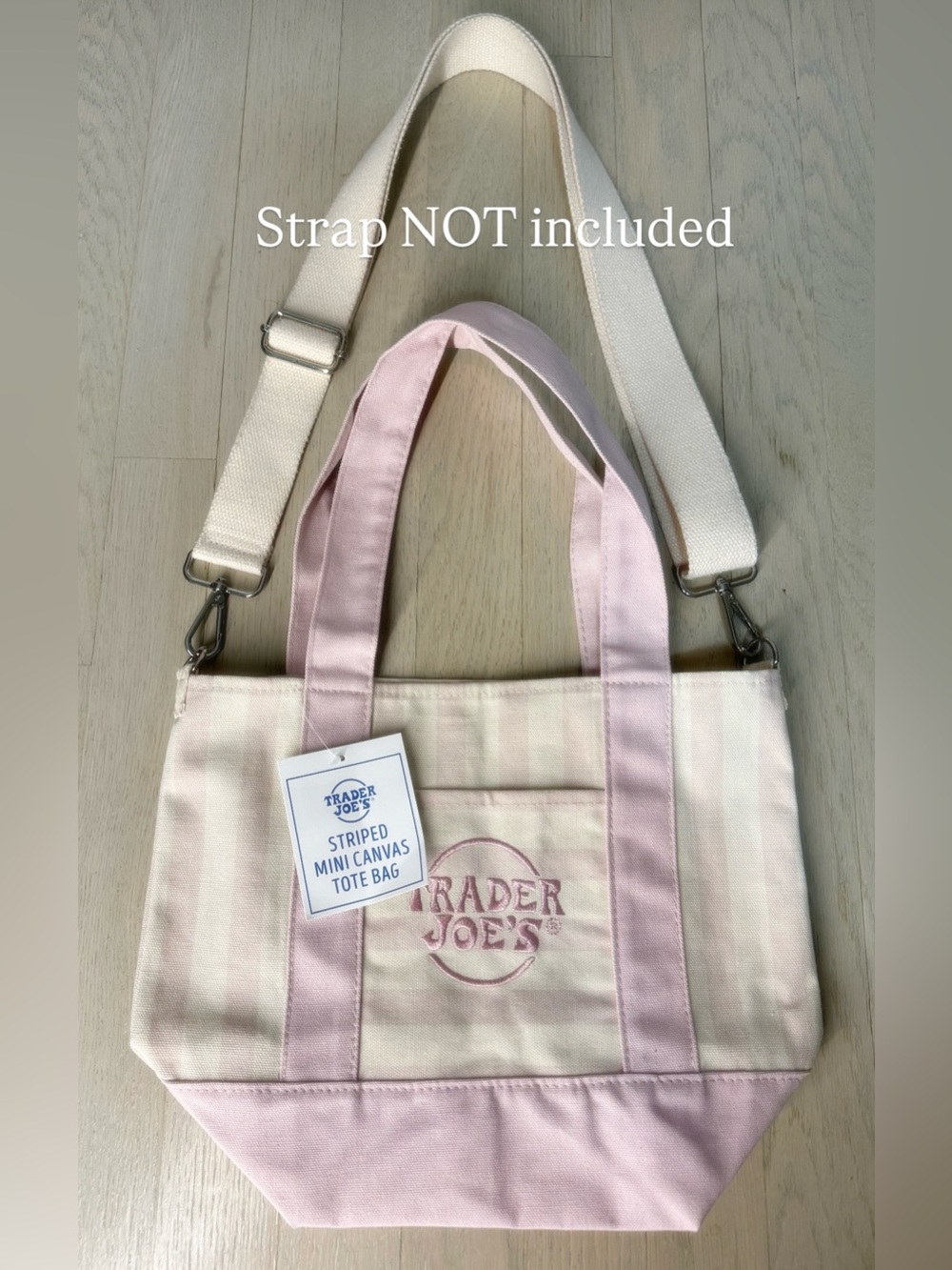 Trader Joe's Striped Canvas Mini
Tote Bag Tan cream
Foldable D-ring no strap